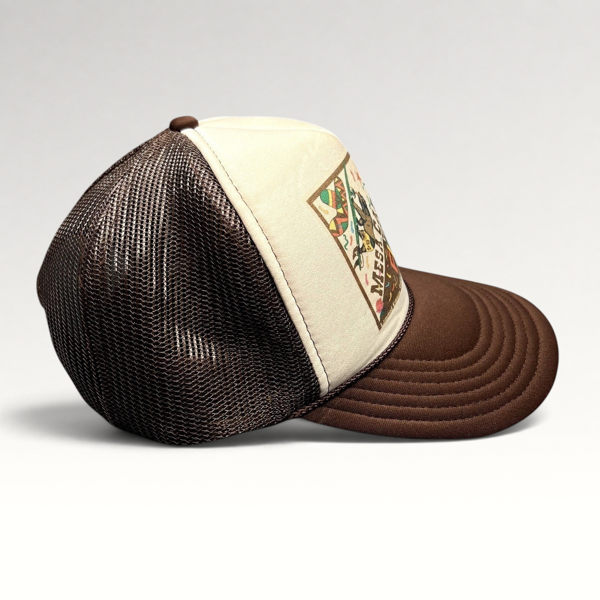 Raree Finds brown and cream Mesa Cafe Santa Barbara Fiesta 2021 trucker snapback hat with mesh back and graphic print