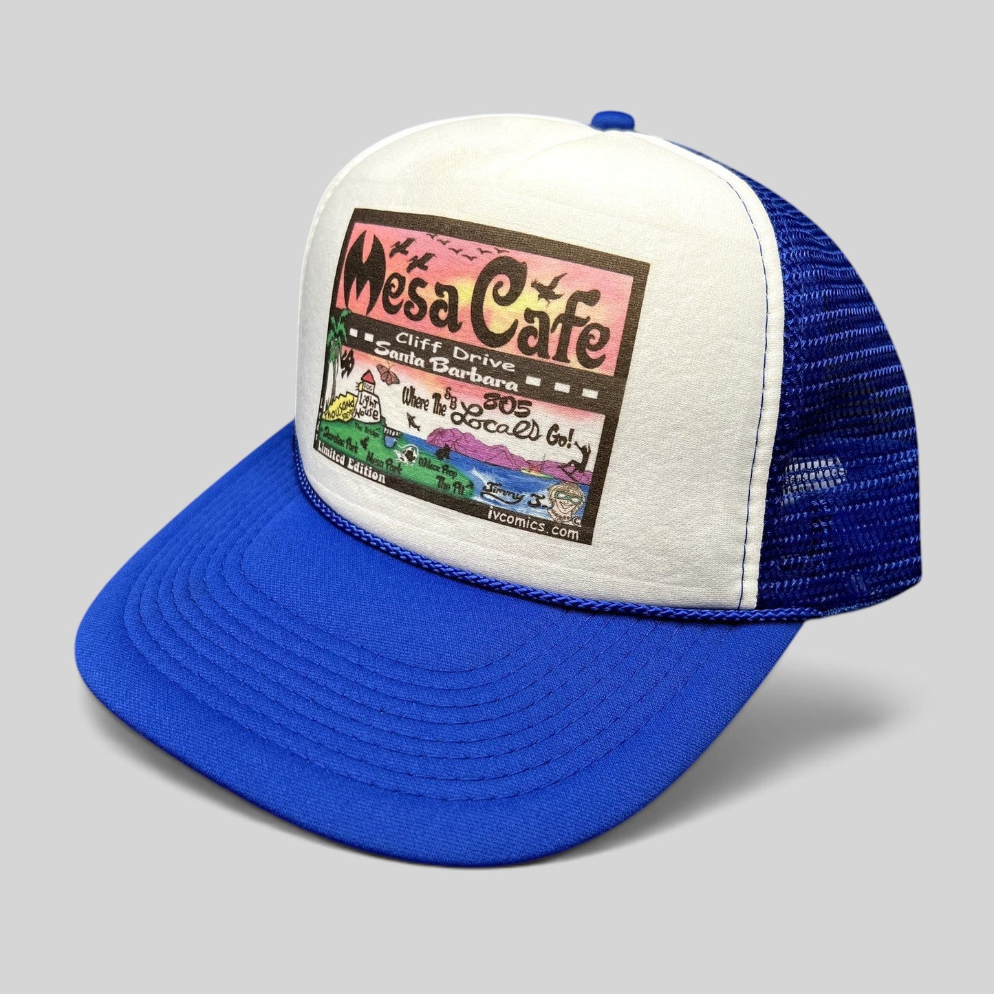Raree Finds blue and white trucker snapback hat with Mesa Cafe Santa Barbara illustrated graphic on foam front