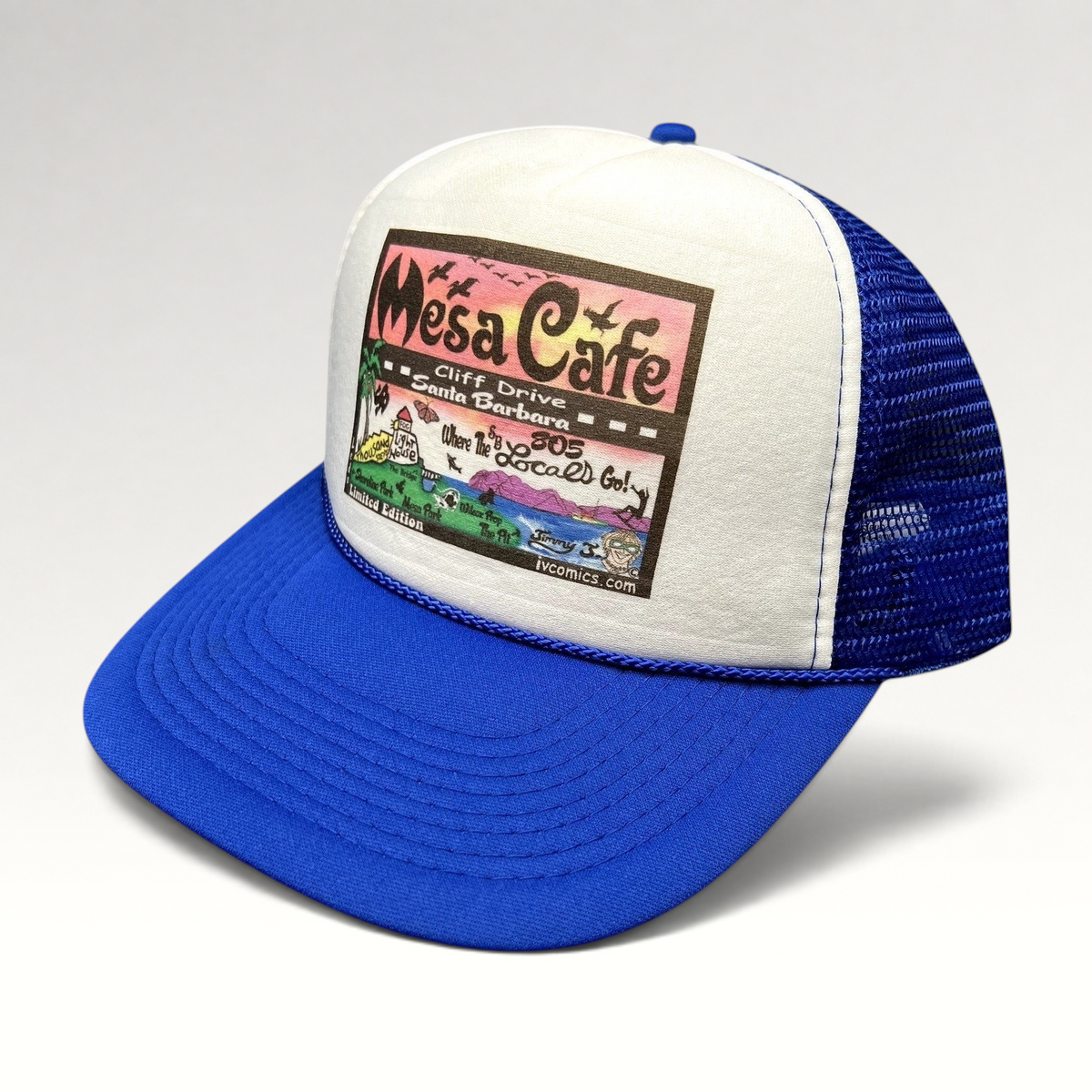 Raree Finds blue and white trucker snapback hat with Mesa Cafe Santa Barbara illustrated graphic on foam front