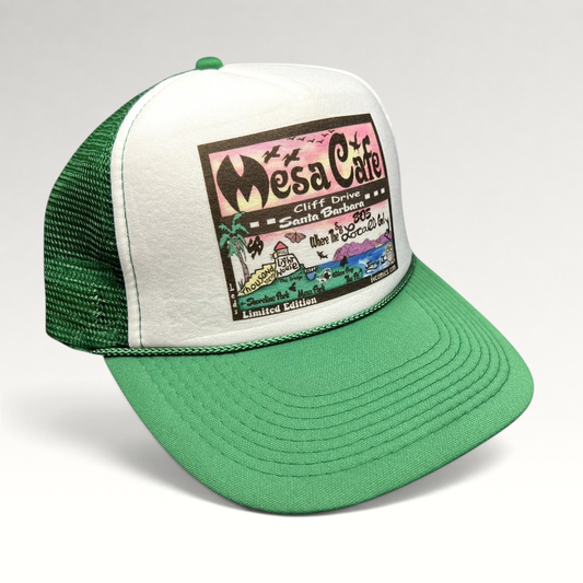 Raree Finds Mesa Cafe Santa Barbara trucker hat with green brim, white foam front, and colorful coastal graphic logo.