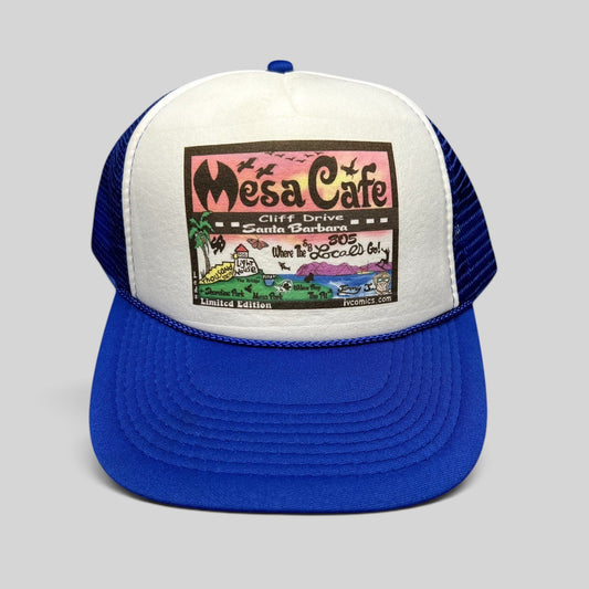 Raree Finds blue and white trucker snapback hat with Mesa Cafe Santa Barbara illustrated graphic on foam front