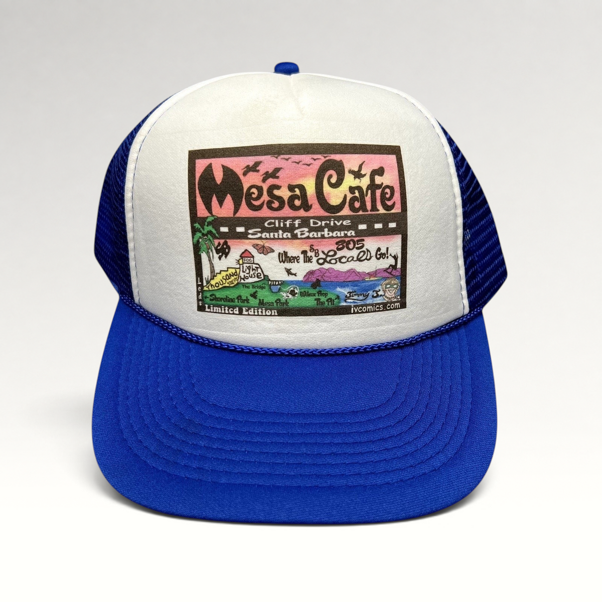 Raree Finds blue and white trucker snapback hat with Mesa Cafe Santa Barbara illustrated graphic on foam front