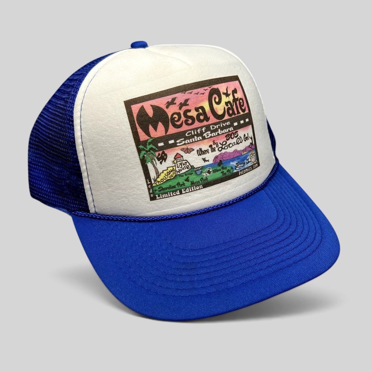 Raree Finds blue and white OTTO Collection trucker snapback hat with Mesa Cafe Santa Barbara illustrated graphic