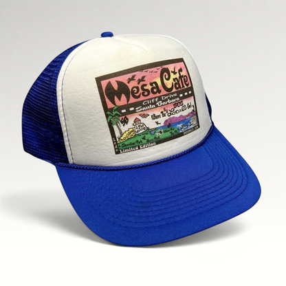 Raree Finds blue and white OTTO Collection trucker snapback hat with Mesa Cafe Santa Barbara illustrated graphic