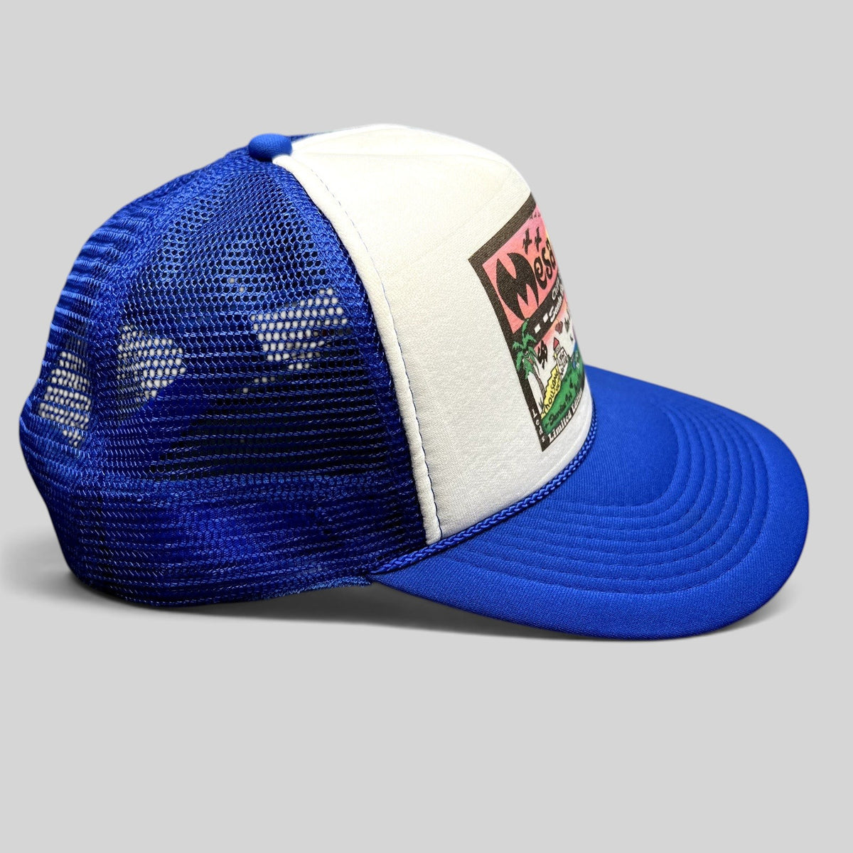 Raree Finds blue and white OTTO Collection trucker snapback hat with Mesa Cafe Santa Barbara graphic on foam front