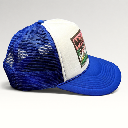 Raree Finds blue and white OTTO Collection trucker snapback hat with Mesa Cafe Santa Barbara graphic on foam front