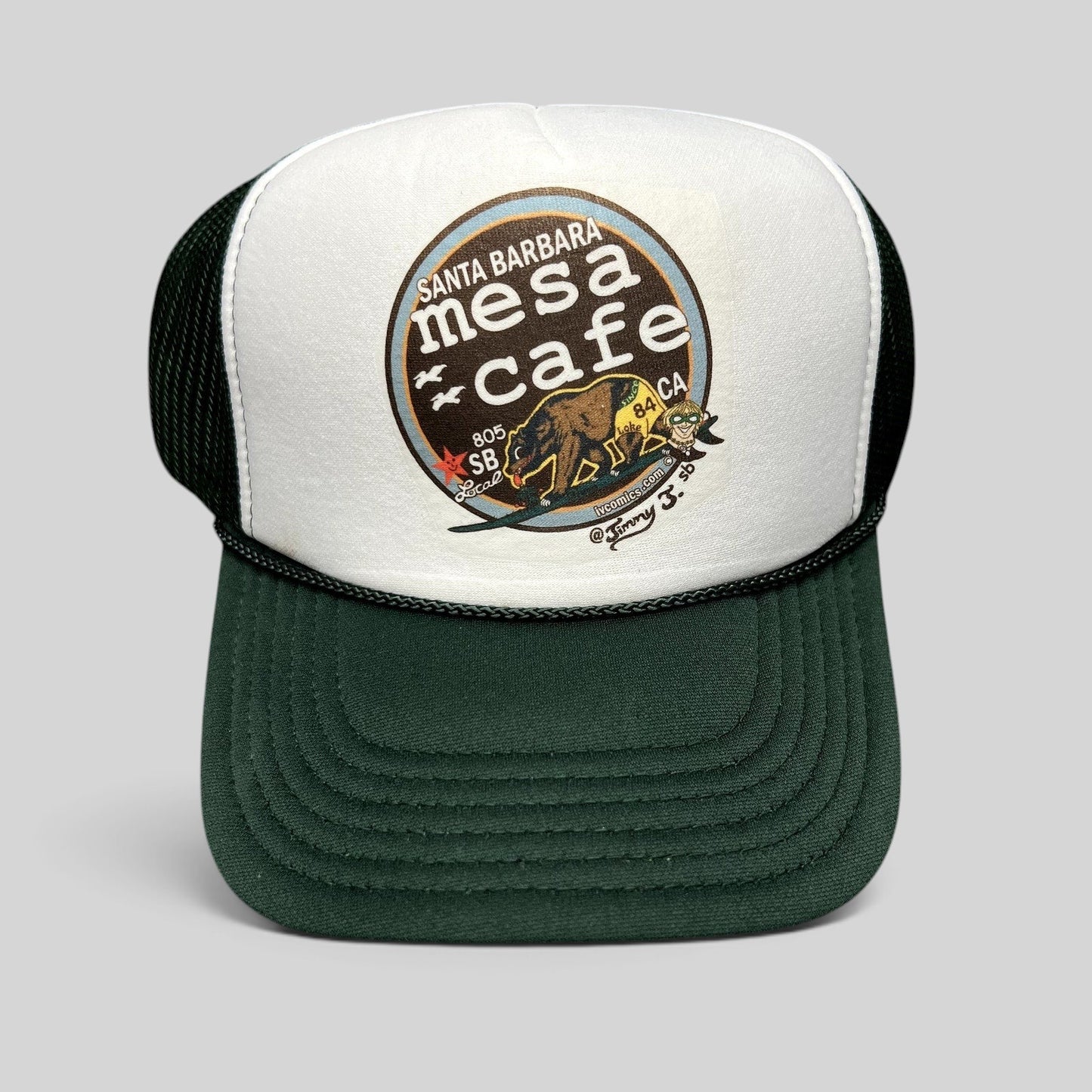 Raree Finds Mesa Cafe Santa Barbara trucker snapback hat with white foam front, dark green brim, and bear logo graphic.