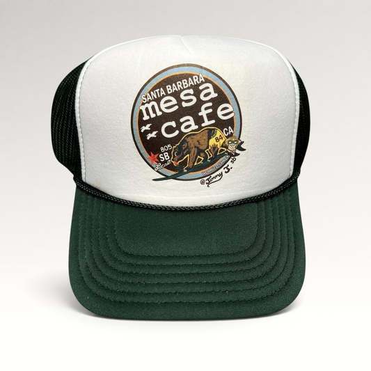 Raree Finds Mesa Cafe Santa Barbara trucker snapback hat with white foam front, dark green brim, and bear logo graphic.