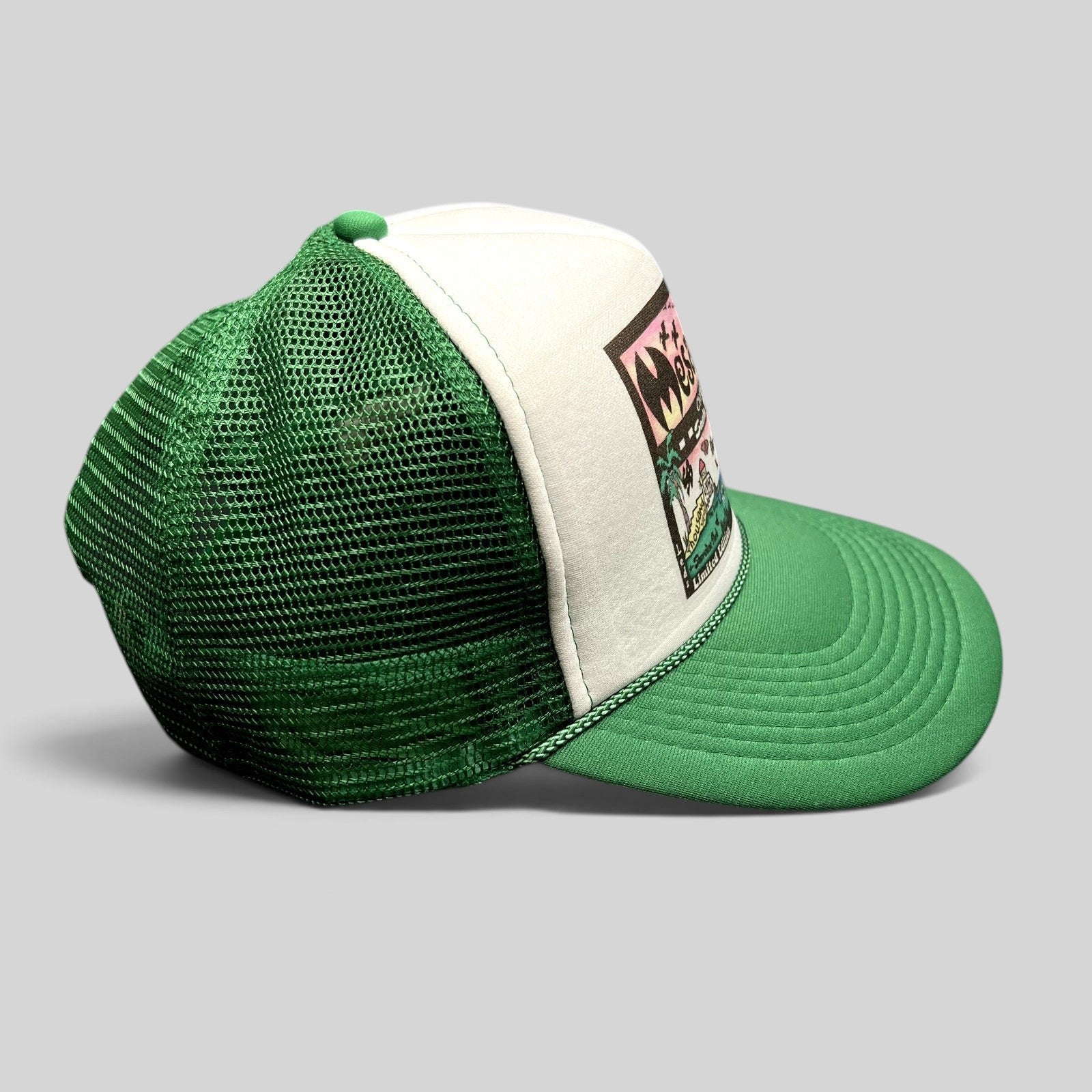 Raree Finds Mesa Cafe Santa Barbara trucker snapback hat with green mesh back, white foam front, and illustrated logo.