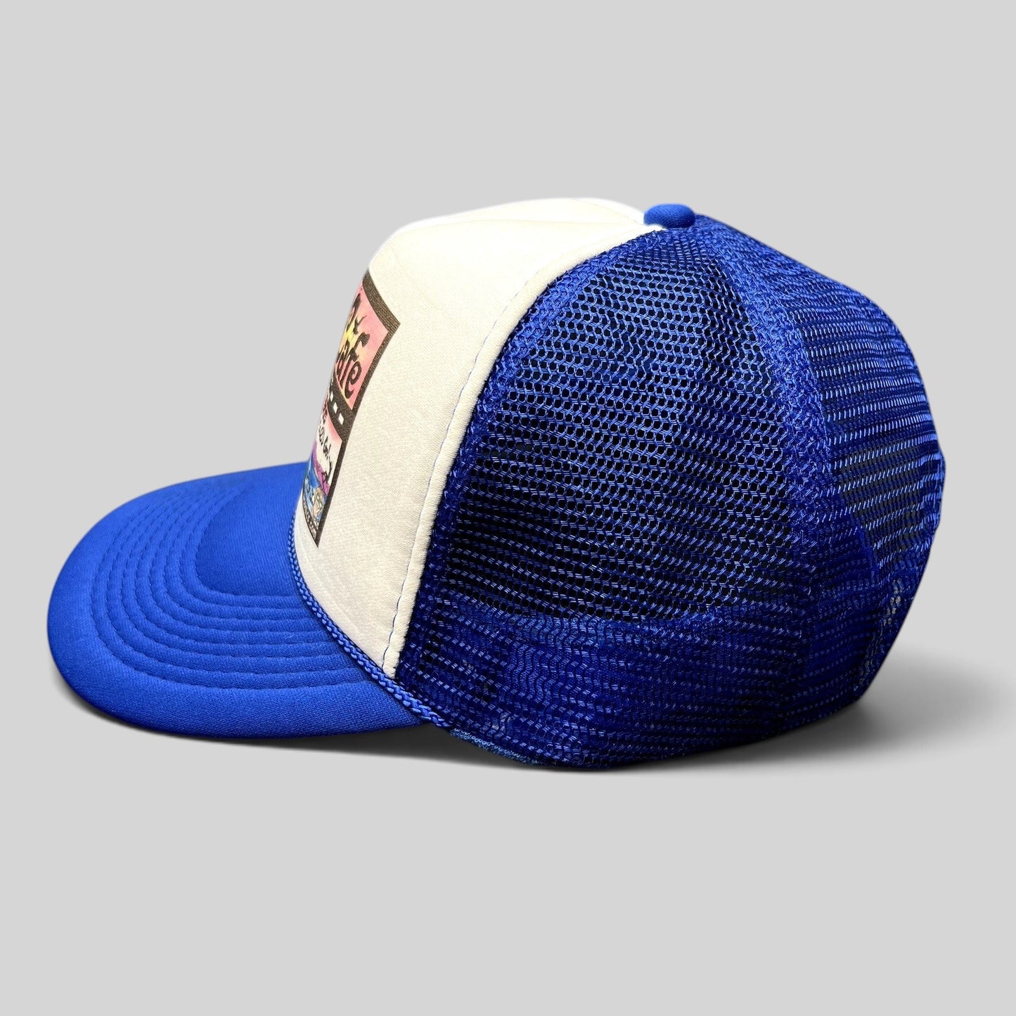 Raree Finds Mesa Cafe Santa Barbara trucker snapback hat in blue and white with foam front and mesh back side view