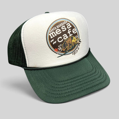 Raree Finds Mesa Cafe Santa Barbara trucker snapback hat with white foam front, green mesh back, and bear logo graphic.