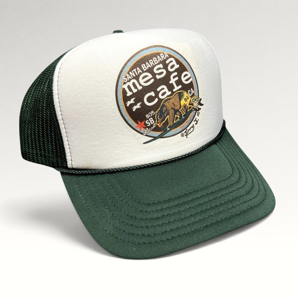 Raree Finds Mesa Cafe Santa Barbara trucker snapback hat with white foam front, green mesh back, and bear logo graphic.