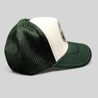 Raree Finds Mesa Cafe Santa Barbara trucker snapback hat with white foam front, green mesh back, and brim.