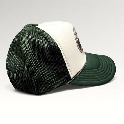 Raree Finds Mesa Cafe Santa Barbara trucker snapback hat with white foam front, green mesh back, and brim.