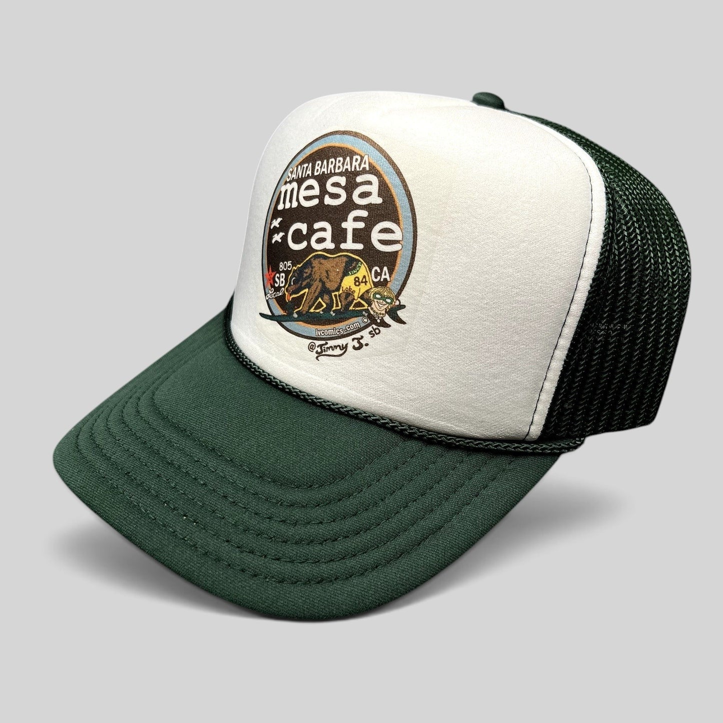 Raree Finds Mesa Cafe Santa Barbara trucker snapback hat with a white foam front, dark green brim, and mesh back.