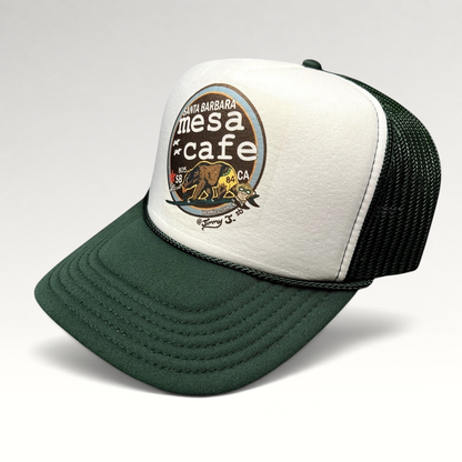 Raree Finds Mesa Cafe Santa Barbara trucker snapback hat with a white foam front, dark green brim, and mesh back.