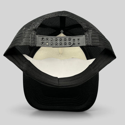Raree Finds Metallica Mexican Militia Chapter trucker hat, back view showing black mesh and adjustable snapback closure.