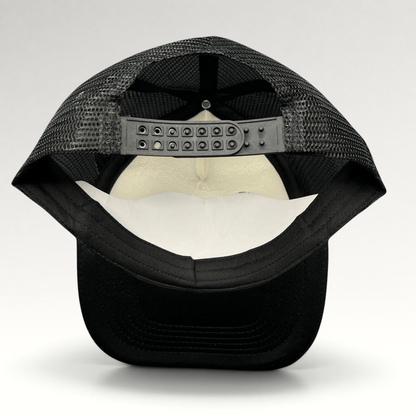 Raree Finds Metallica Mexican Militia Chapter trucker hat, back view showing black mesh and adjustable snapback closure.