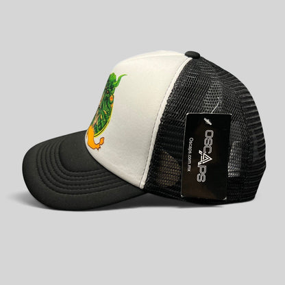 Raree Finds vintage Metallica Mexican Militia Chapter trucker hat with white foam front, black mesh, and graphic.
