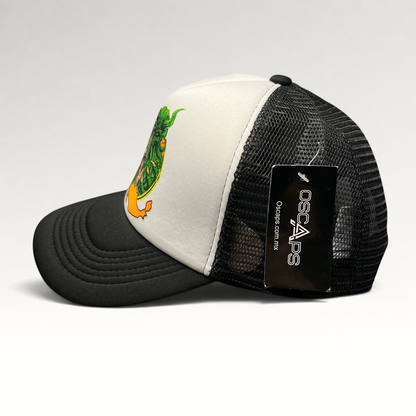 Raree Finds vintage Metallica Mexican Militia Chapter trucker hat with white foam front, black mesh, and graphic.