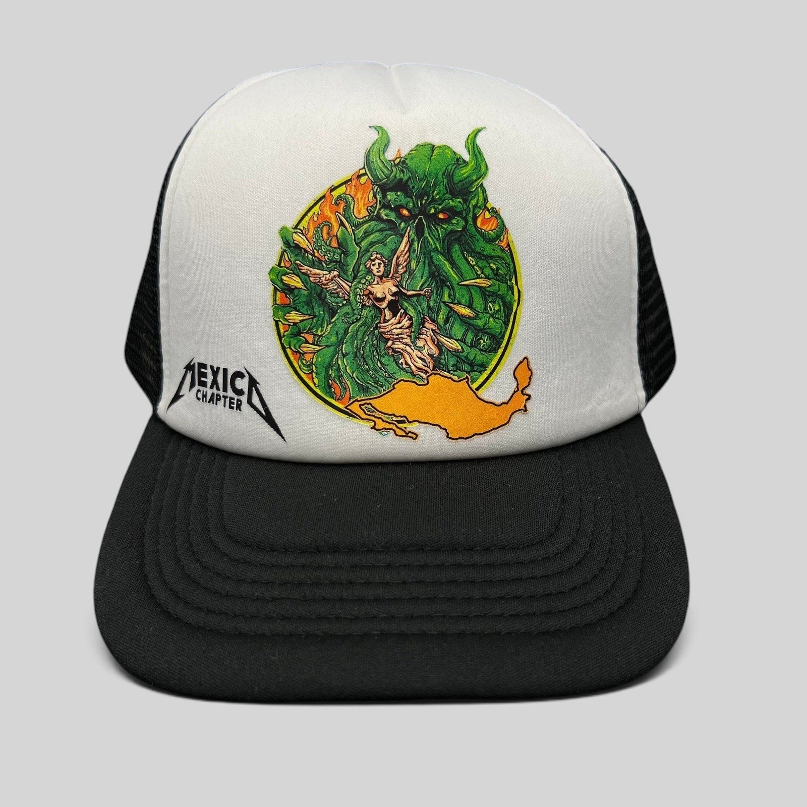 Raree Finds vintage Metallica Mexican Militia Chapter trucker hat with white foam front, black mesh, and graphic.