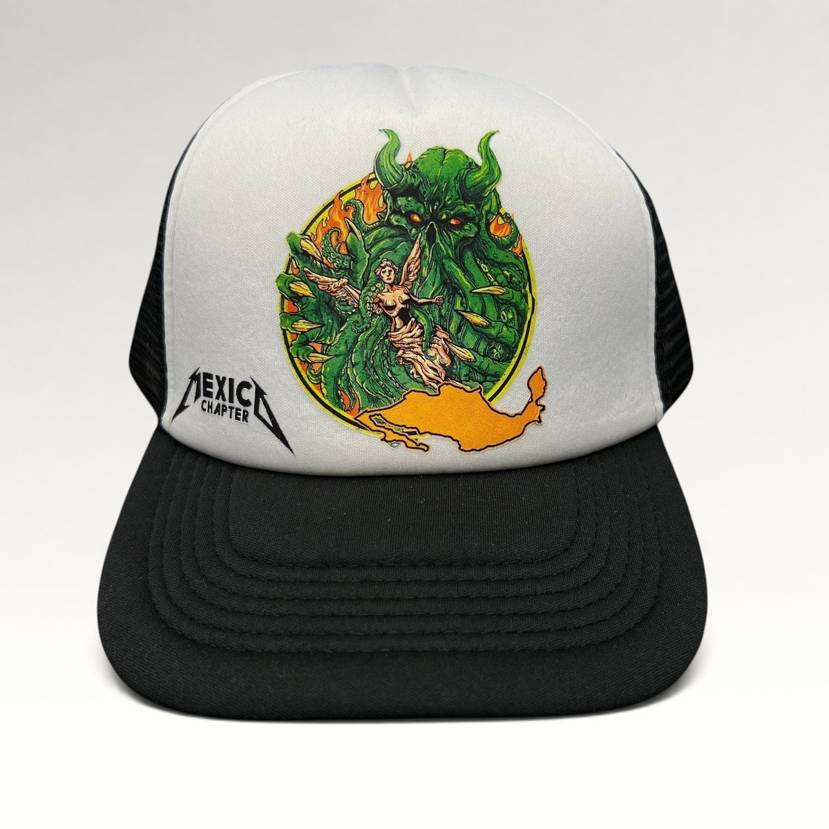 Raree Finds vintage Metallica Mexican Militia Chapter trucker hat with white foam front, black mesh, and graphic.