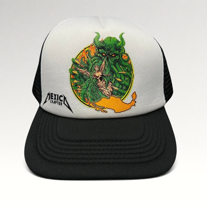Raree Finds vintage Metallica Mexican Militia Chapter trucker hat with white foam front, black mesh, and graphic.