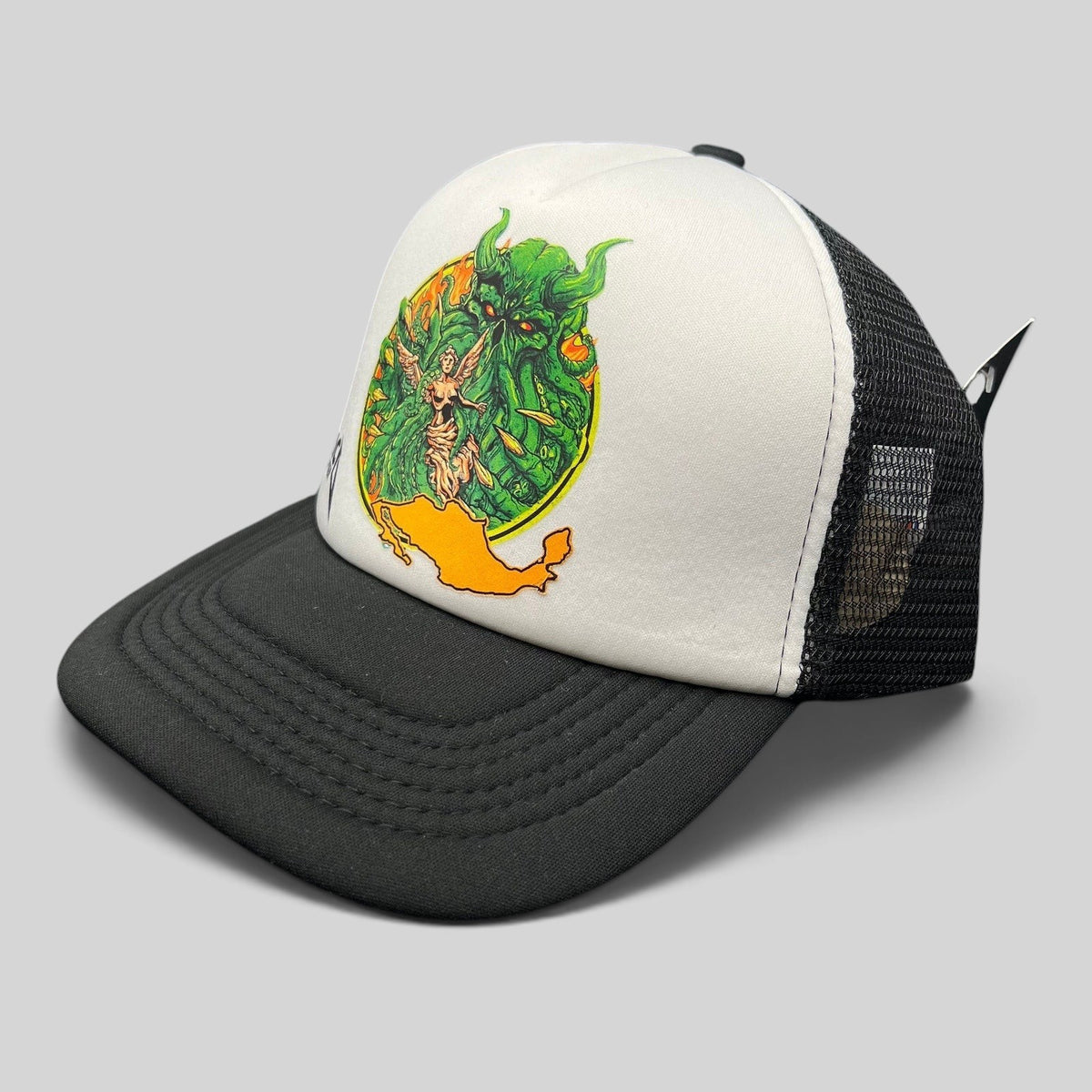 Raree Finds vintage Metallica Mexican Militia Chapter trucker hat with white foam front, black mesh, and graphic art.