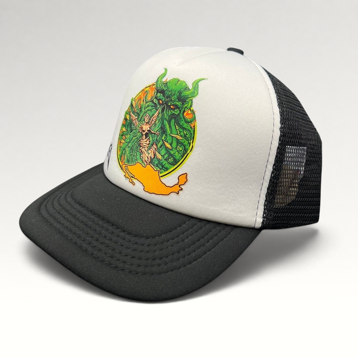 Raree Finds vintage Metallica Mexican Militia Chapter trucker hat with white foam front, black mesh, and graphic art.