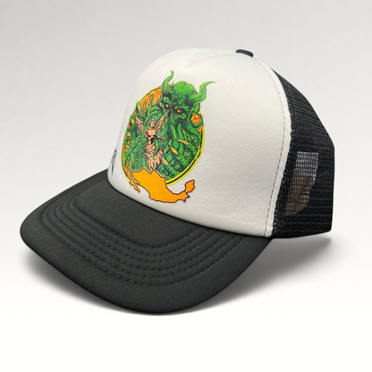 Raree Finds vintage Metallica Mexican Militia Chapter trucker hat with white foam front, black mesh, and graphic art.