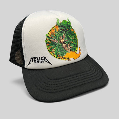 Raree Finds vintage Metallica Mexican Militia Chapter trucker hat with white foam front, black mesh, and graphic.