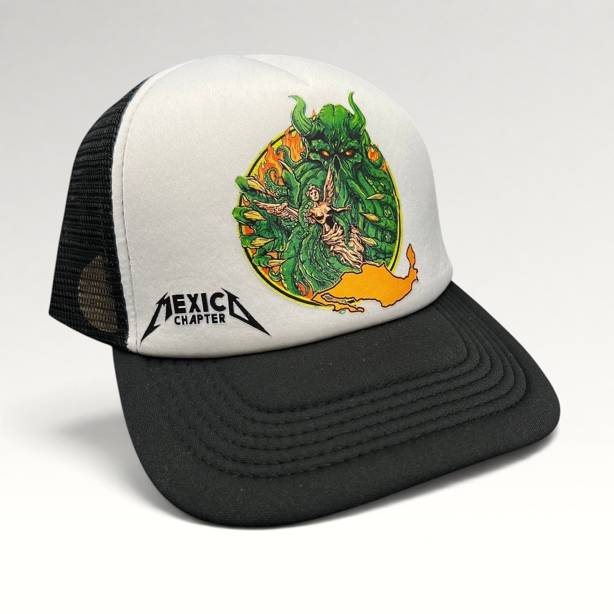 Raree Finds vintage Metallica Mexican Militia Chapter trucker hat with white foam front, black mesh, and graphic.