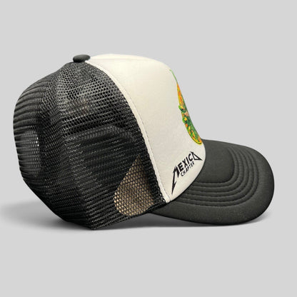 Raree Finds vintage Metallica Mexican Militia Chapter trucker hat with white foam front, black mesh, and side logo.
