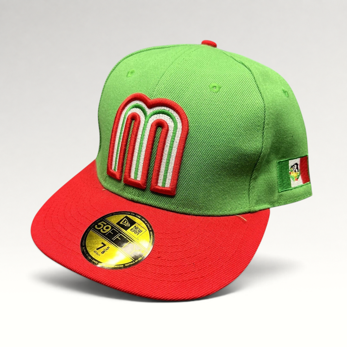 Raree Finds Mexico World Baseball Classic 59FIFTY fitted hat with a green crown, red visor, and tricolor M logo.
