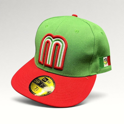 Raree Finds Mexico World Baseball Classic 59FIFTY fitted hat with a green crown, red visor, and tricolor M logo.
