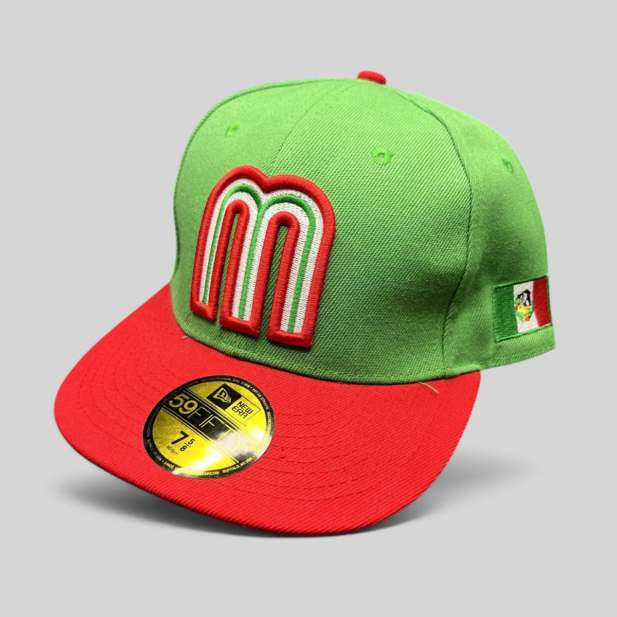 Raree Finds New Era 59FIFTY Mexico World Baseball Classic fitted hat with green crown, red visor, and M logo.