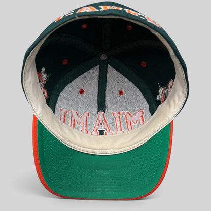 Raree Finds vintage Miami Hurricanes fitted hat interior showing green underbill and embroidered Miami logo detail