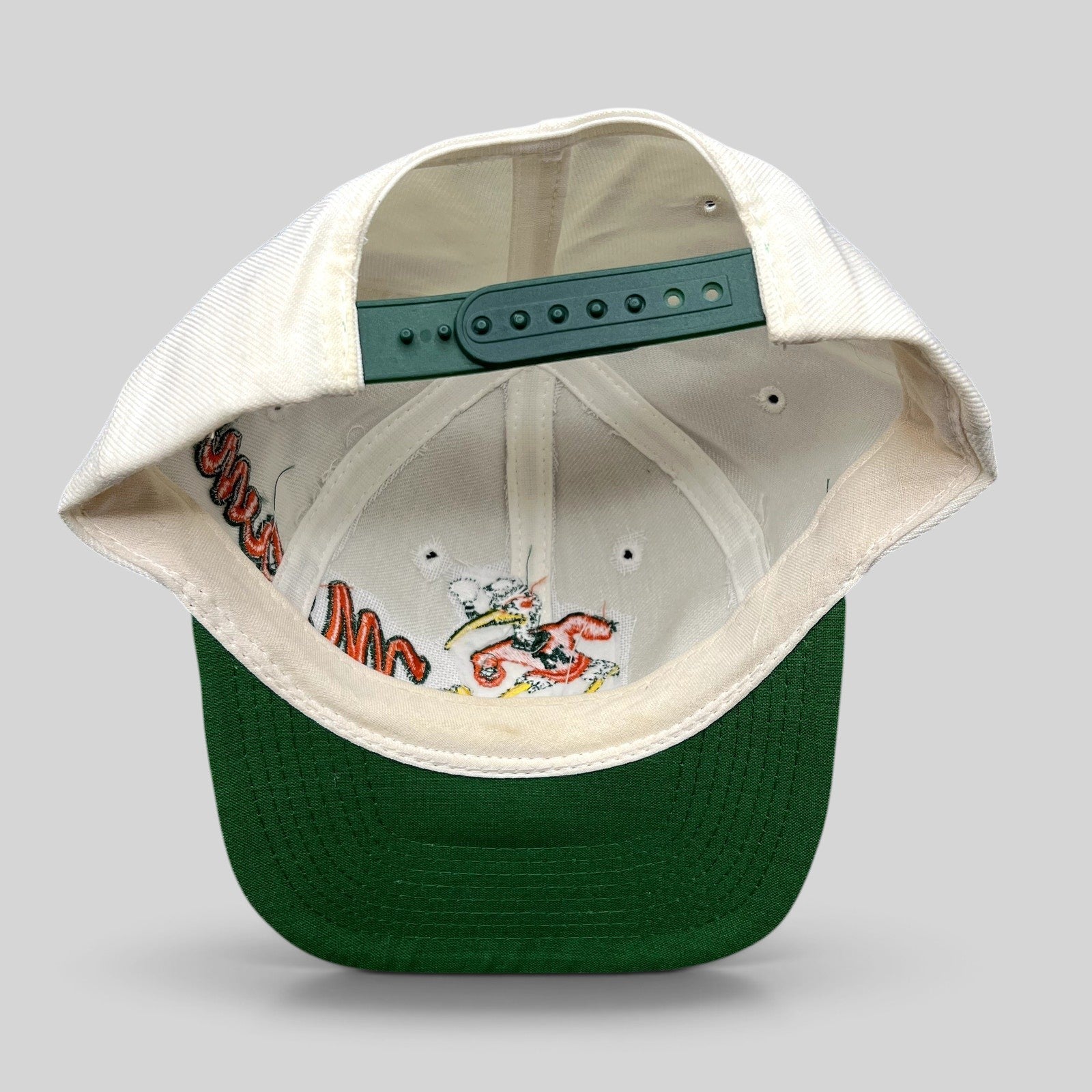 Raree Finds vintage Miami Hurricanes snapback hat with green brim and interior embroidery of Sebastian the Ibis
