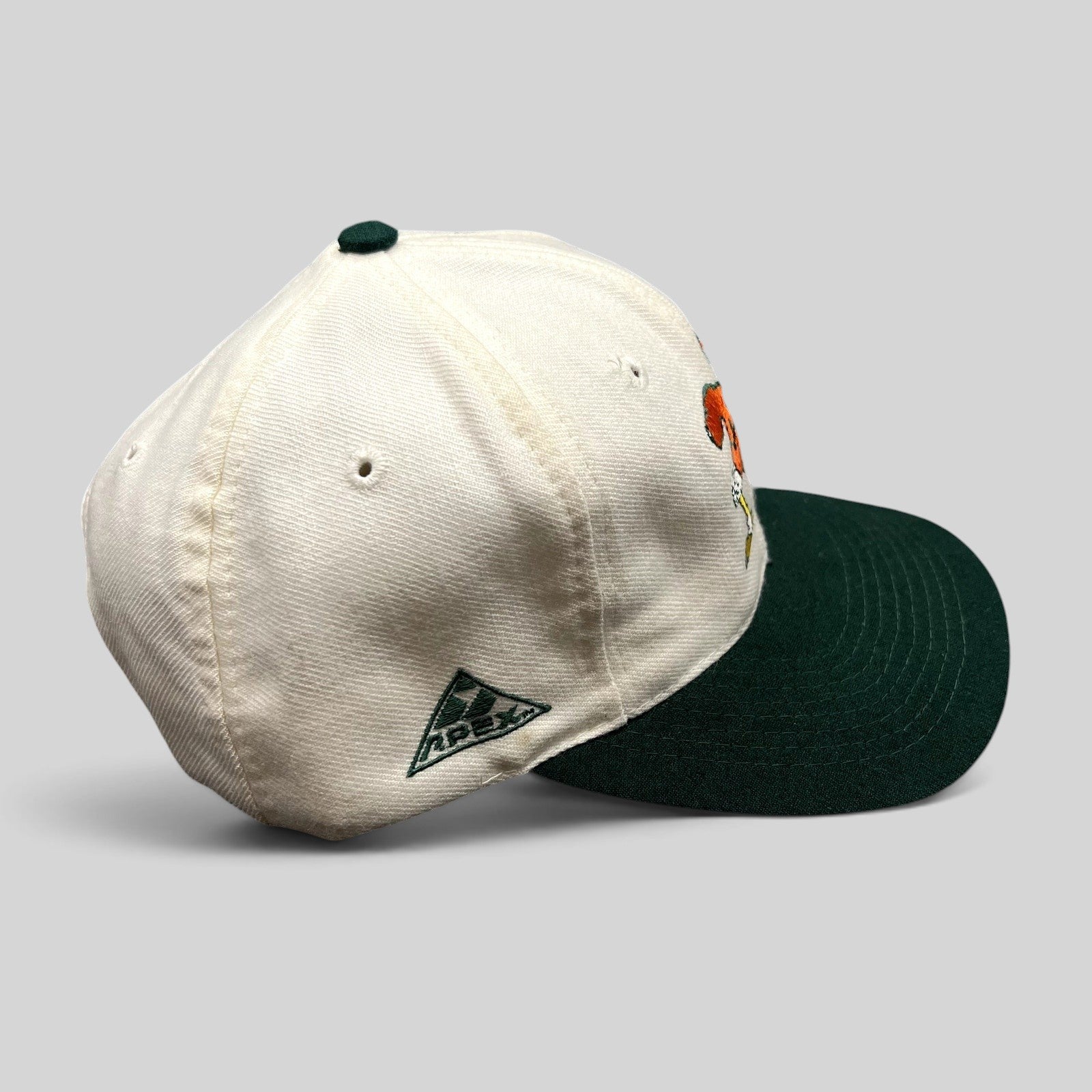 Raree Finds vintage Apex One Miami Hurricanes snapback hat with green brim and embroidered Sebastian the Ibis mascot