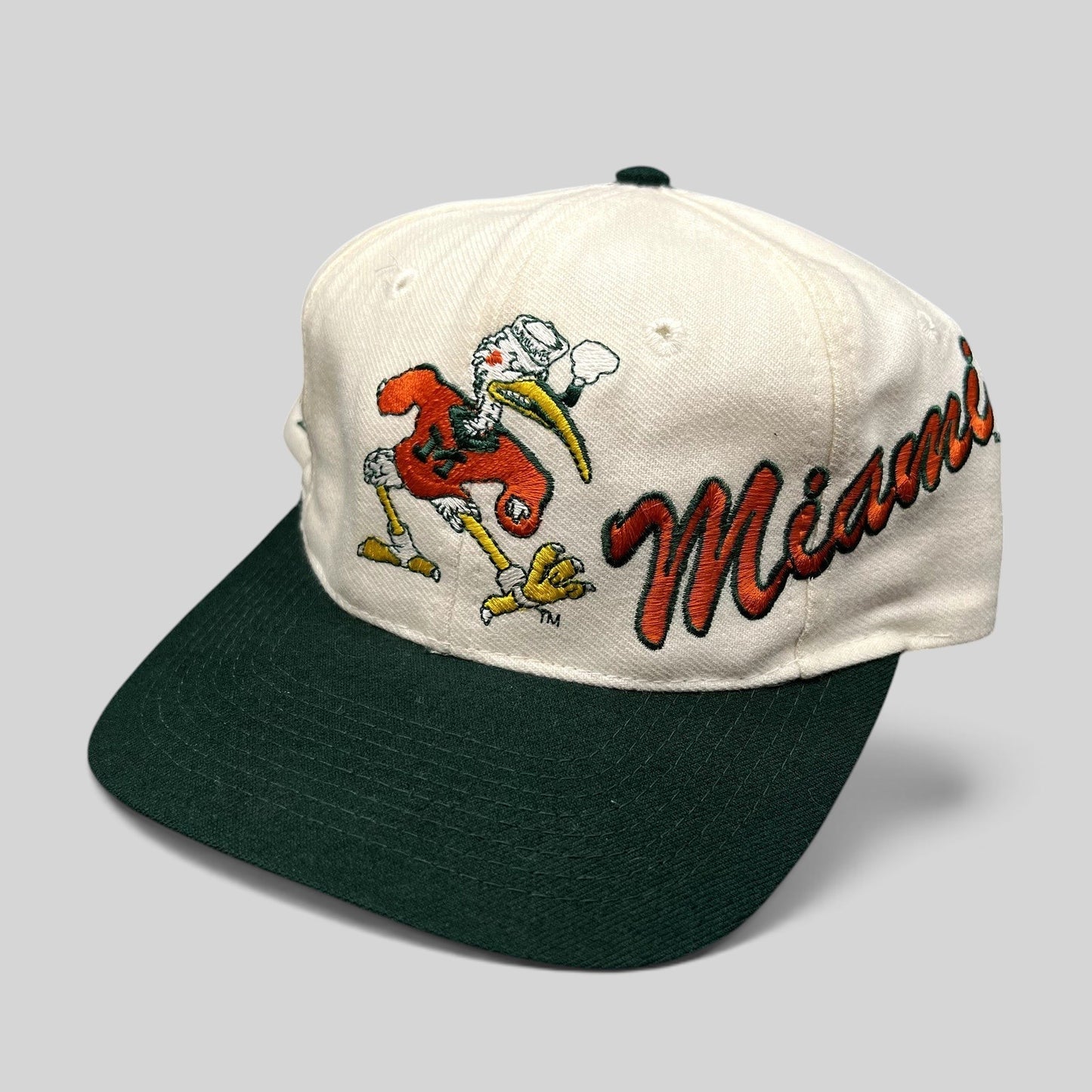 Raree Finds vintage Miami Hurricanes snapback hat with embroidered Sebastian the Ibis mascot and Miami script