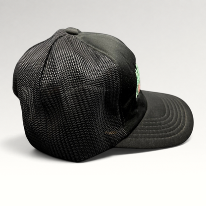 Raree Finds vintage Miami Vice black foam and mesh trucker hat with teal and pink embroidered logo, side view