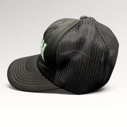 Raree Finds vintage Miami Vice black mesh trucker hat with teal and pink embroidered logo and snapback closure.