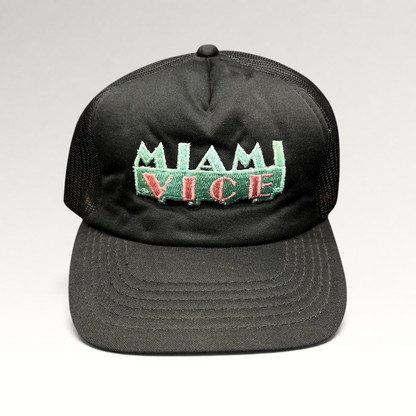 Raree Finds vintage black Miami Vice trucker hat with teal and pink embroidered logo and mesh back