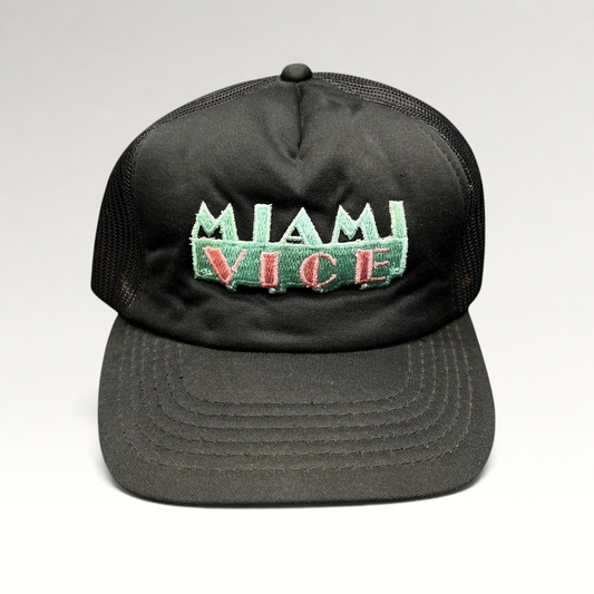 Raree Finds vintage black Miami Vice trucker hat with teal and pink embroidered logo and mesh back
