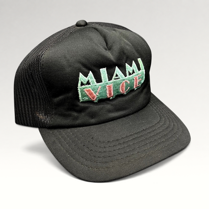 Raree Finds vintage Miami Vice black foam and mesh trucker hat with teal and pink embroidered logo