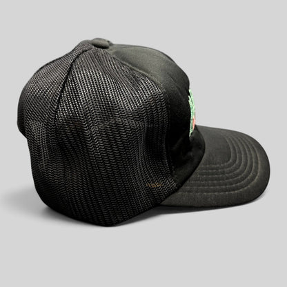 Raree Finds vintage Miami Vice black mesh trucker hat with teal and pink embroidered logo and snapback closure.