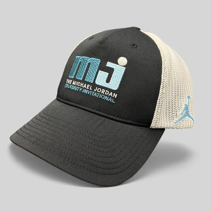 Raree Finds black and white mesh Flexfit hat featuring the Michael Jordan Celebrity Invitational logo and Jumpman.