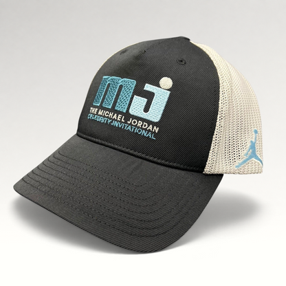 Raree Finds black and white mesh Flexfit hat featuring the Michael Jordan Celebrity Invitational logo and Jumpman.