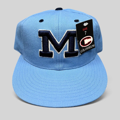 Raree Finds vintage Michigan Wolverines fitted hat in light blue with navy embroidered M logo and size 7 tag