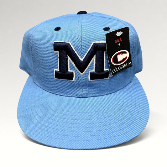 Raree Finds vintage Michigan Wolverines fitted hat in light blue with navy embroidered M logo and size 7 tag